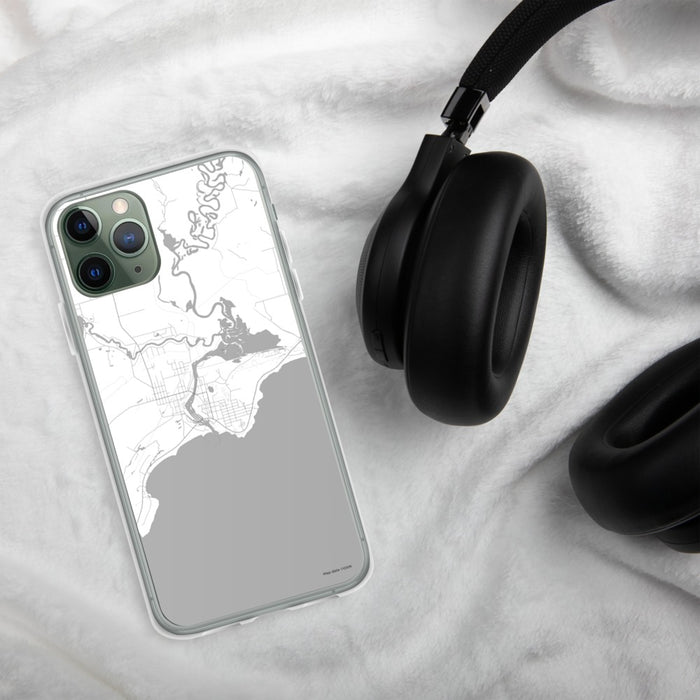 Custom Manistique Michigan Map Phone Case in Classic on Table with Black Headphones