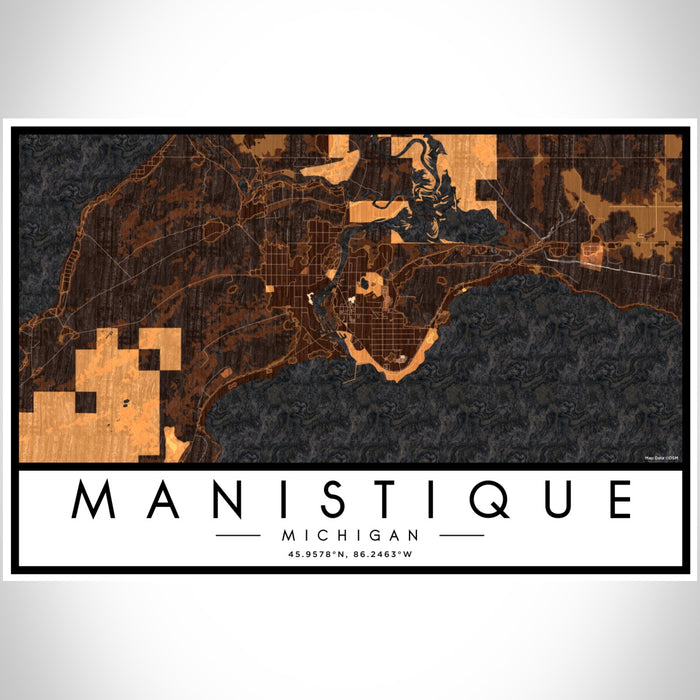 Manistique Michigan Map Print Landscape Orientation in Ember Style With Shaded Background