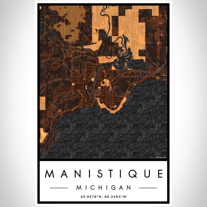 Manistique Michigan Map Print Portrait Orientation in Ember Style With Shaded Background