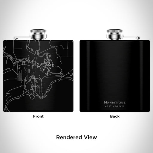 Rendered View of Manistique Michigan Map Engraving on 6oz Stainless Steel Flask in Black