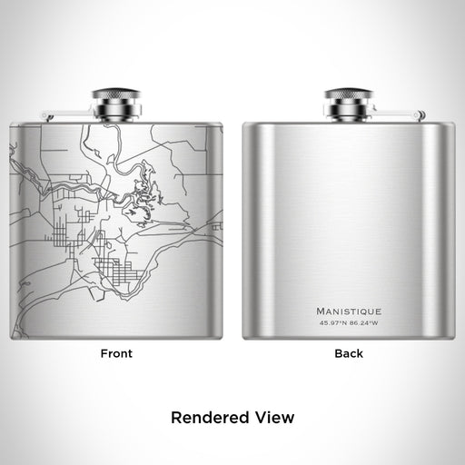 Rendered View of Manistique Michigan Map Engraving on 6oz Stainless Steel Flask