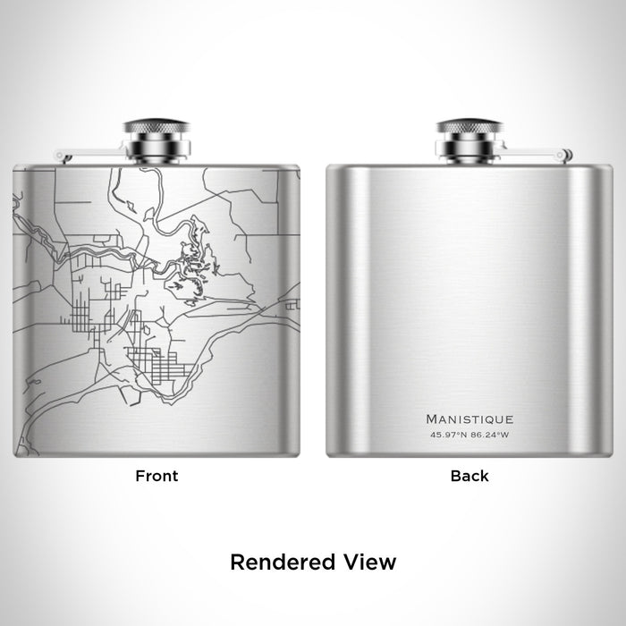 Rendered View of Manistique Michigan Map Engraving on 6oz Stainless Steel Flask