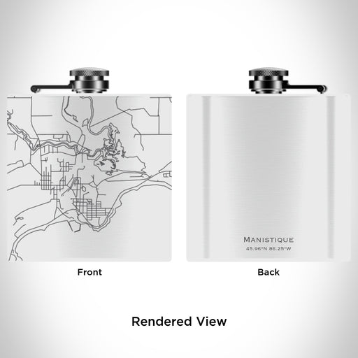 Rendered View of Manistique Michigan Map Engraving on 6oz Stainless Steel Flask in White