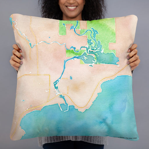 Person holding 22x22 Custom Manistique Michigan Map Throw Pillow in Watercolor