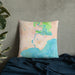 Custom Manistique Michigan Map Throw Pillow in Watercolor on Bedding Against Wall