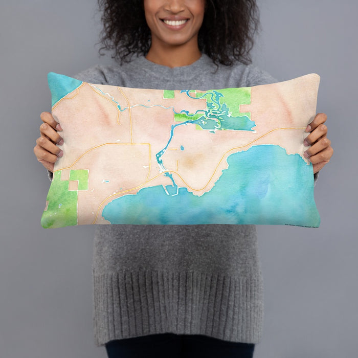 Person holding 20x12 Custom Manistique Michigan Map Throw Pillow in Watercolor