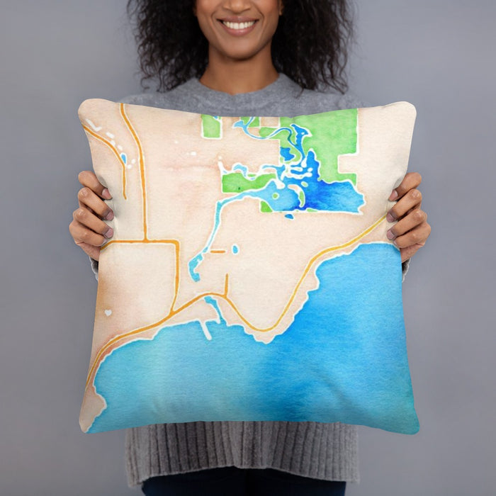 Person holding 18x18 Custom Manistique Michigan Map Throw Pillow in Watercolor