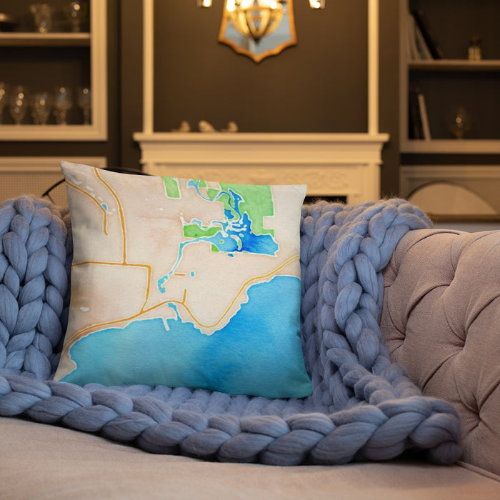 Custom Manistique Michigan Map Throw Pillow in Watercolor on Cream Colored Couch