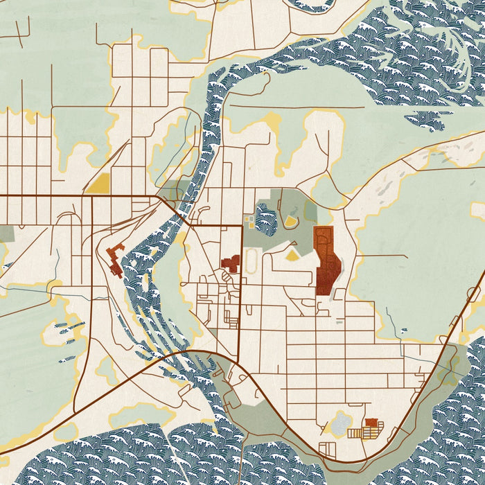 Manistique Michigan Map Print in Woodblock Style Zoomed In Close Up Showing Details