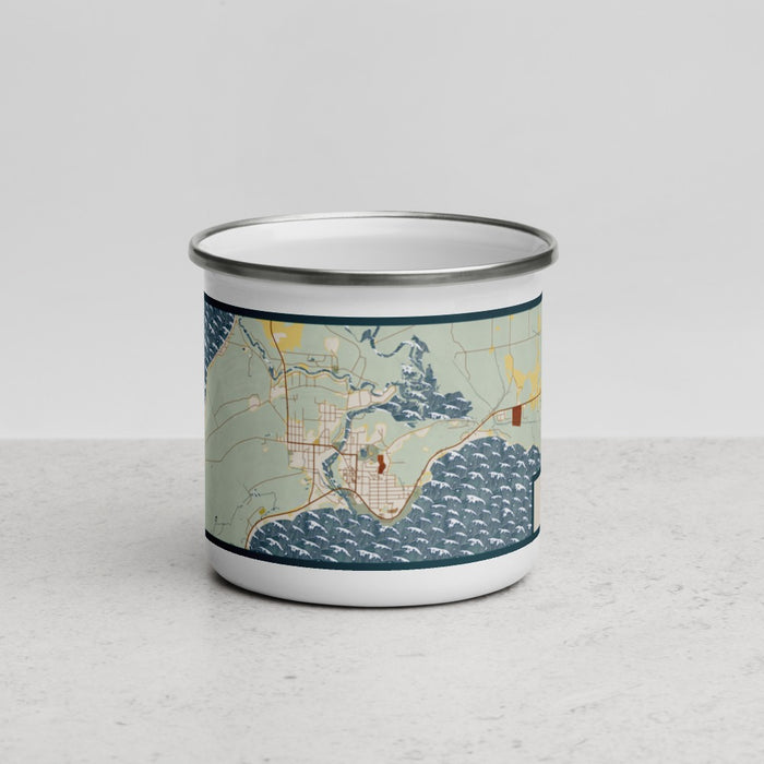 Front View Custom Manistique Michigan Map Enamel Mug in Woodblock