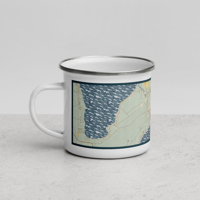 Left View Custom Manistique Michigan Map Enamel Mug in Woodblock