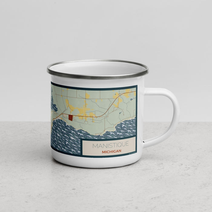 Right View Custom Manistique Michigan Map Enamel Mug in Woodblock