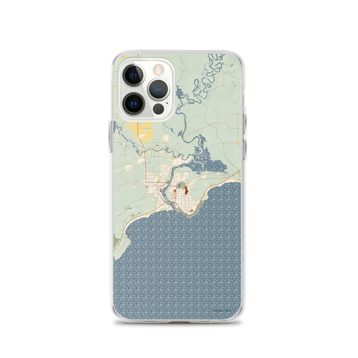 Custom iPhone 12 Pro Manistique Michigan Map Phone Case in Woodblock