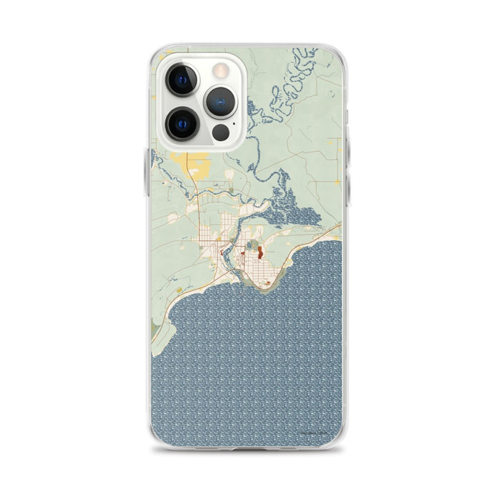 Custom iPhone 12 Pro Max Manistique Michigan Map Phone Case in Woodblock