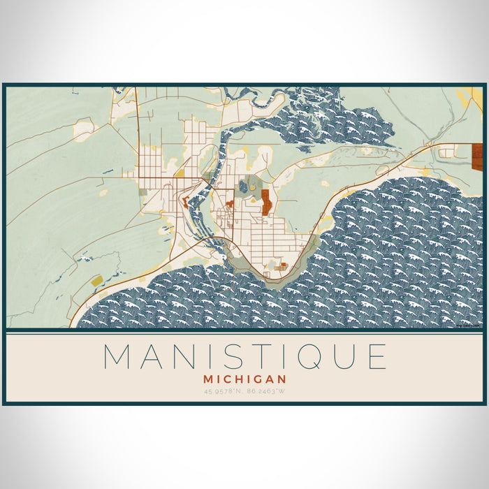 Manistique Michigan Map Print Landscape Orientation in Woodblock Style With Shaded Background