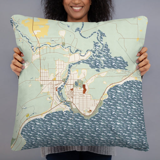 Person holding 22x22 Custom Manistique Michigan Map Throw Pillow in Woodblock