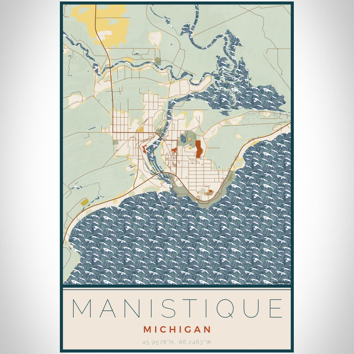 Manistique Michigan Map Print Portrait Orientation in Woodblock Style With Shaded Background