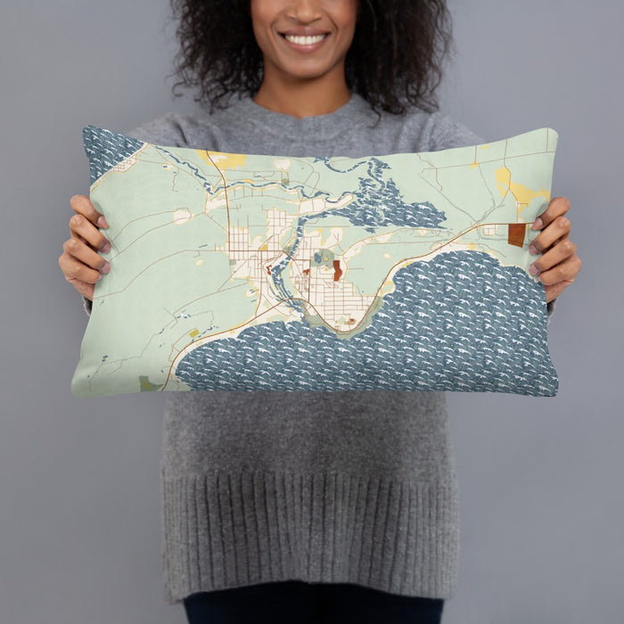 Person holding 20x12 Custom Manistique Michigan Map Throw Pillow in Woodblock
