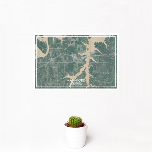 12x18 Mannford Oklahoma Map Print Landscape Orientation in Afternoon Style With Small Cactus Plant in White Planter