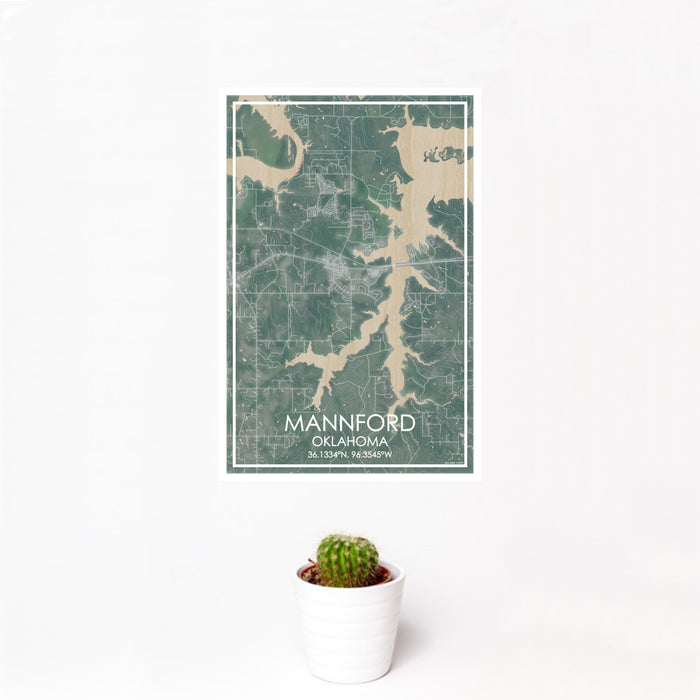 12x18 Mannford Oklahoma Map Print Portrait Orientation in Afternoon Style With Small Cactus Plant in White Planter