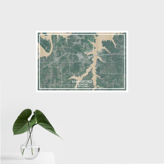 16x24 Mannford Oklahoma Map Print Landscape Orientation in Afternoon Style With Tropical Plant Leaves in Water