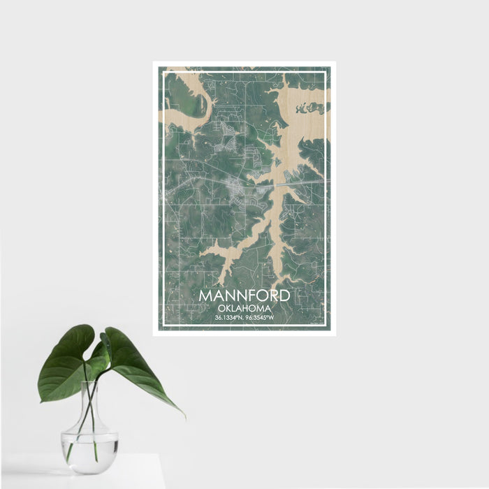 16x24 Mannford Oklahoma Map Print Portrait Orientation in Afternoon Style With Tropical Plant Leaves in Water