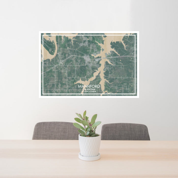 24x36 Mannford Oklahoma Map Print Lanscape Orientation in Afternoon Style Behind 2 Chairs Table and Potted Plant