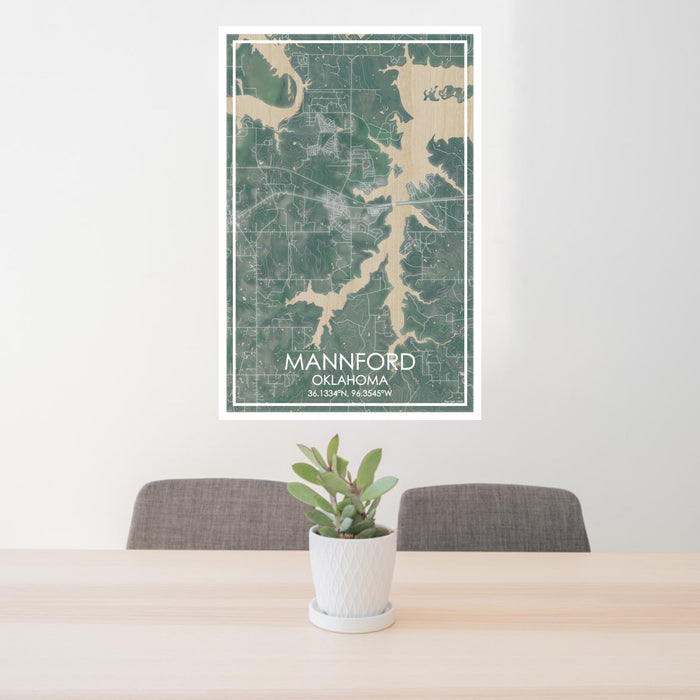 24x36 Mannford Oklahoma Map Print Portrait Orientation in Afternoon Style Behind 2 Chairs Table and Potted Plant
