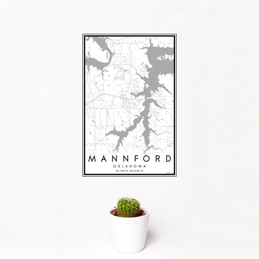 12x18 Mannford Oklahoma Map Print Portrait Orientation in Classic Style With Small Cactus Plant in White Planter