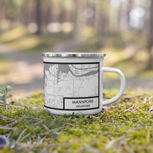Right View Custom Mannford Oklahoma Map Enamel Mug in Classic on Grass With Trees in Background