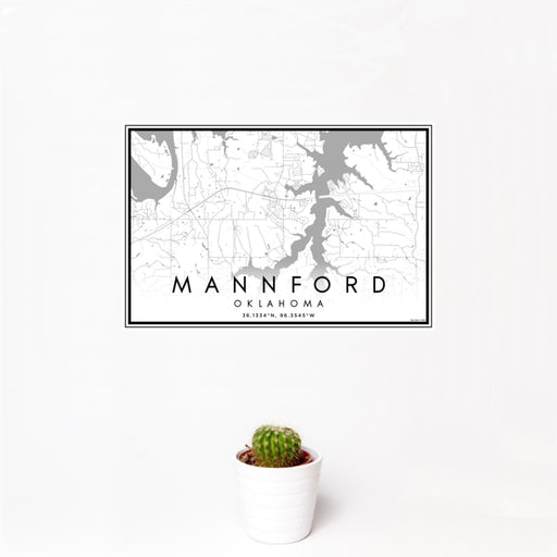 12x18 Mannford Oklahoma Map Print Landscape Orientation in Classic Style With Small Cactus Plant in White Planter