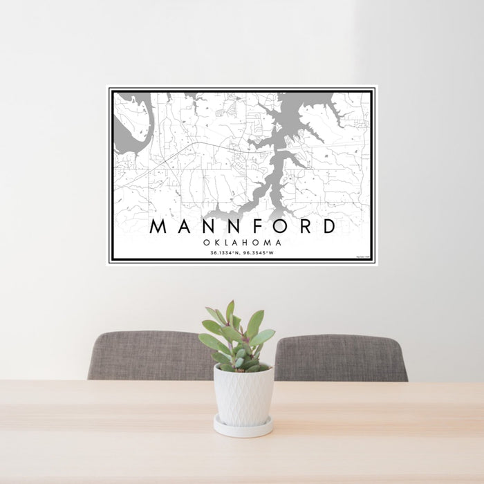 24x36 Mannford Oklahoma Map Print Landscape Orientation in Classic Style Behind 2 Chairs Table and Potted Plant