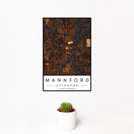 12x18 Mannford Oklahoma Map Print Portrait Orientation in Ember Style With Small Cactus Plant in White Planter