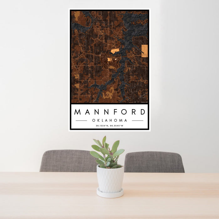 24x36 Mannford Oklahoma Map Print Portrait Orientation in Ember Style Behind 2 Chairs Table and Potted Plant