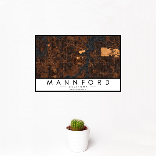12x18 Mannford Oklahoma Map Print Landscape Orientation in Ember Style With Small Cactus Plant in White Planter