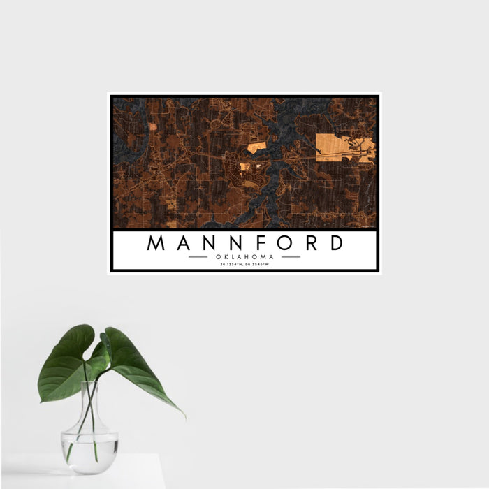 16x24 Mannford Oklahoma Map Print Landscape Orientation in Ember Style With Tropical Plant Leaves in Water