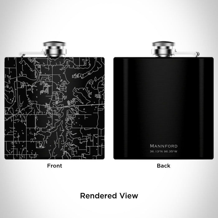 Rendered View of Mannford Oklahoma Map Engraving on 6oz Stainless Steel Flask in Black