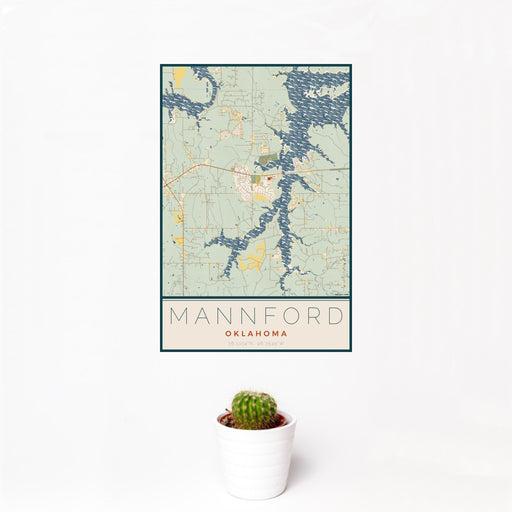12x18 Mannford Oklahoma Map Print Portrait Orientation in Woodblock Style With Small Cactus Plant in White Planter