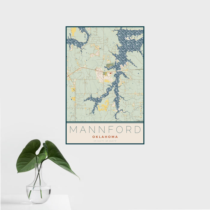 16x24 Mannford Oklahoma Map Print Portrait Orientation in Woodblock Style With Tropical Plant Leaves in Water