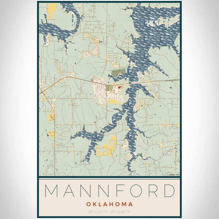 Mannford Oklahoma Map Print Portrait Orientation in Woodblock Style With Shaded Background