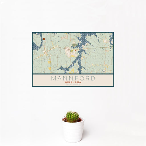 12x18 Mannford Oklahoma Map Print Landscape Orientation in Woodblock Style With Small Cactus Plant in White Planter