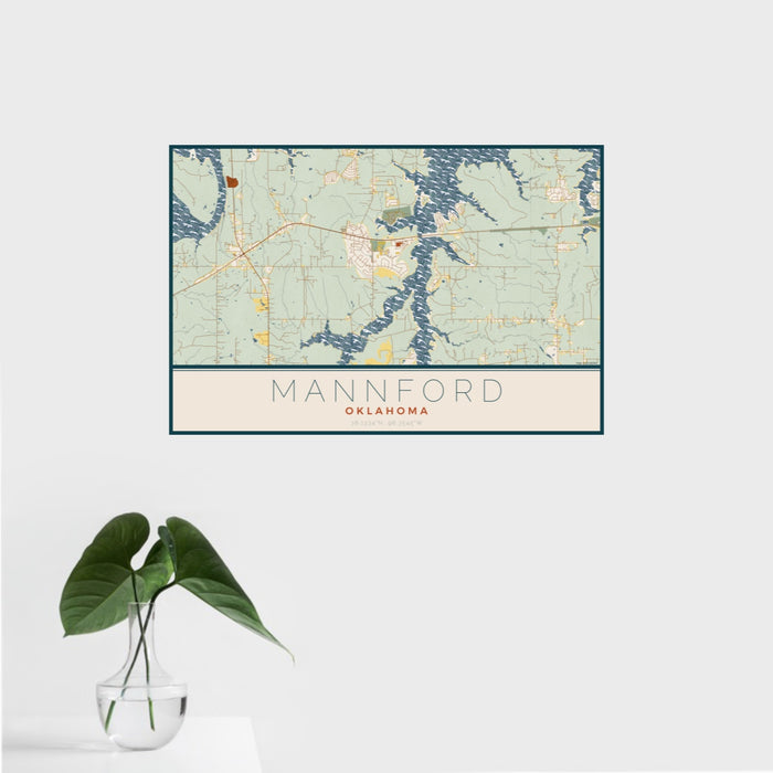 16x24 Mannford Oklahoma Map Print Landscape Orientation in Woodblock Style With Tropical Plant Leaves in Water