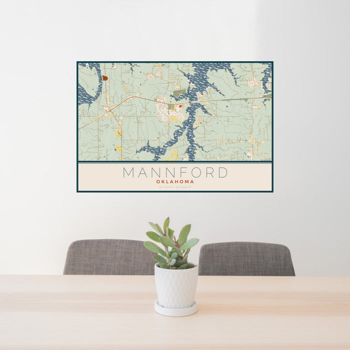24x36 Mannford Oklahoma Map Print Landscape Orientation in Woodblock Style Behind 2 Chairs Table and Potted Plant