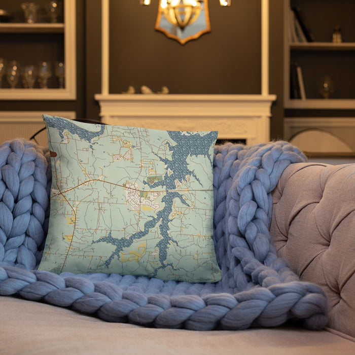 Custom Mannford Oklahoma Map Throw Pillow in Woodblock on Cream Colored Couch