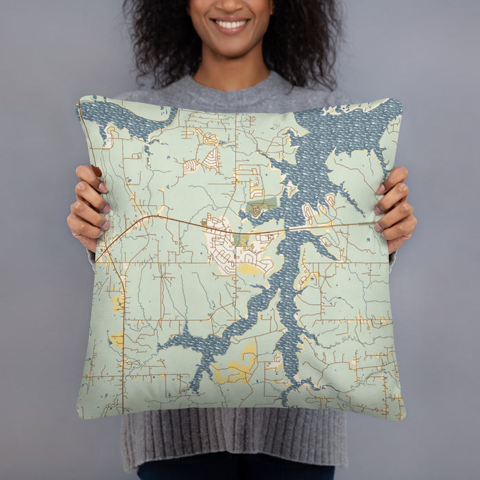 Person holding 18x18 Custom Mannford Oklahoma Map Throw Pillow in Woodblock