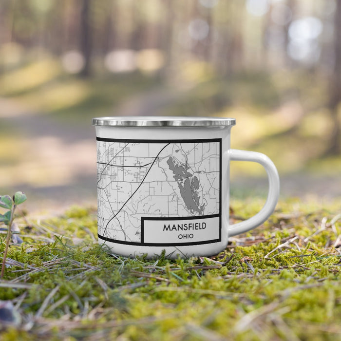 Right View Custom Mansfield Ohio Map Enamel Mug in Classic on Grass With Trees in Background