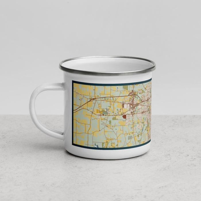 Left View Custom Mansfield Ohio Map Enamel Mug in Woodblock