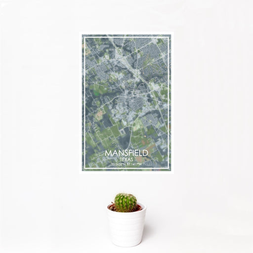 12x18 Mansfield Texas Map Print Portrait Orientation in Afternoon Style With Small Cactus Plant in White Planter