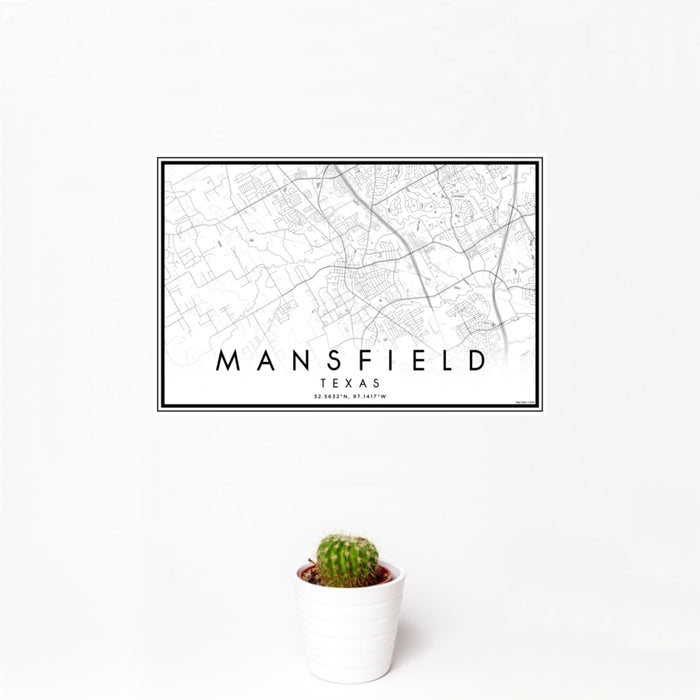 12x18 Mansfield Texas Map Print Landscape Orientation in Classic Style With Small Cactus Plant in White Planter