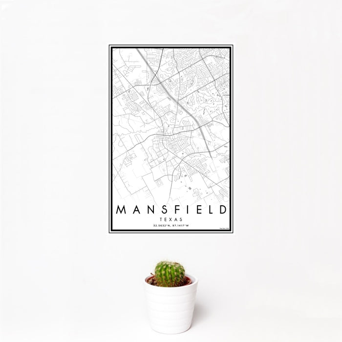12x18 Mansfield Texas Map Print Portrait Orientation in Classic Style With Small Cactus Plant in White Planter